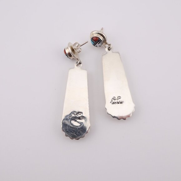 Handcrafted Native American Zuni Sun Face Inlay‎ Spiny Oyster Dangle Earrings ** - Picture 12 of 12